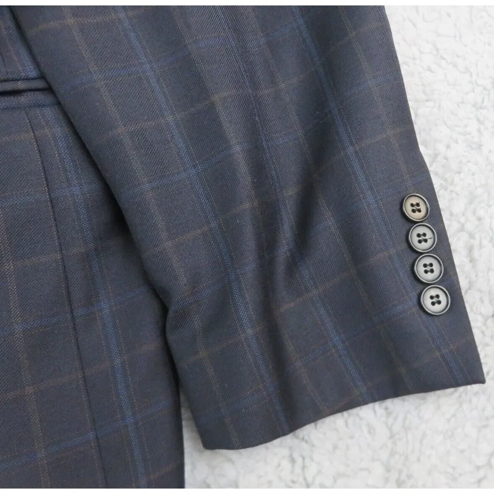 Mens Faconnable Sport Coat Jacket 3 Button 44R‎ Blue Brown Windowpane Wool Lined